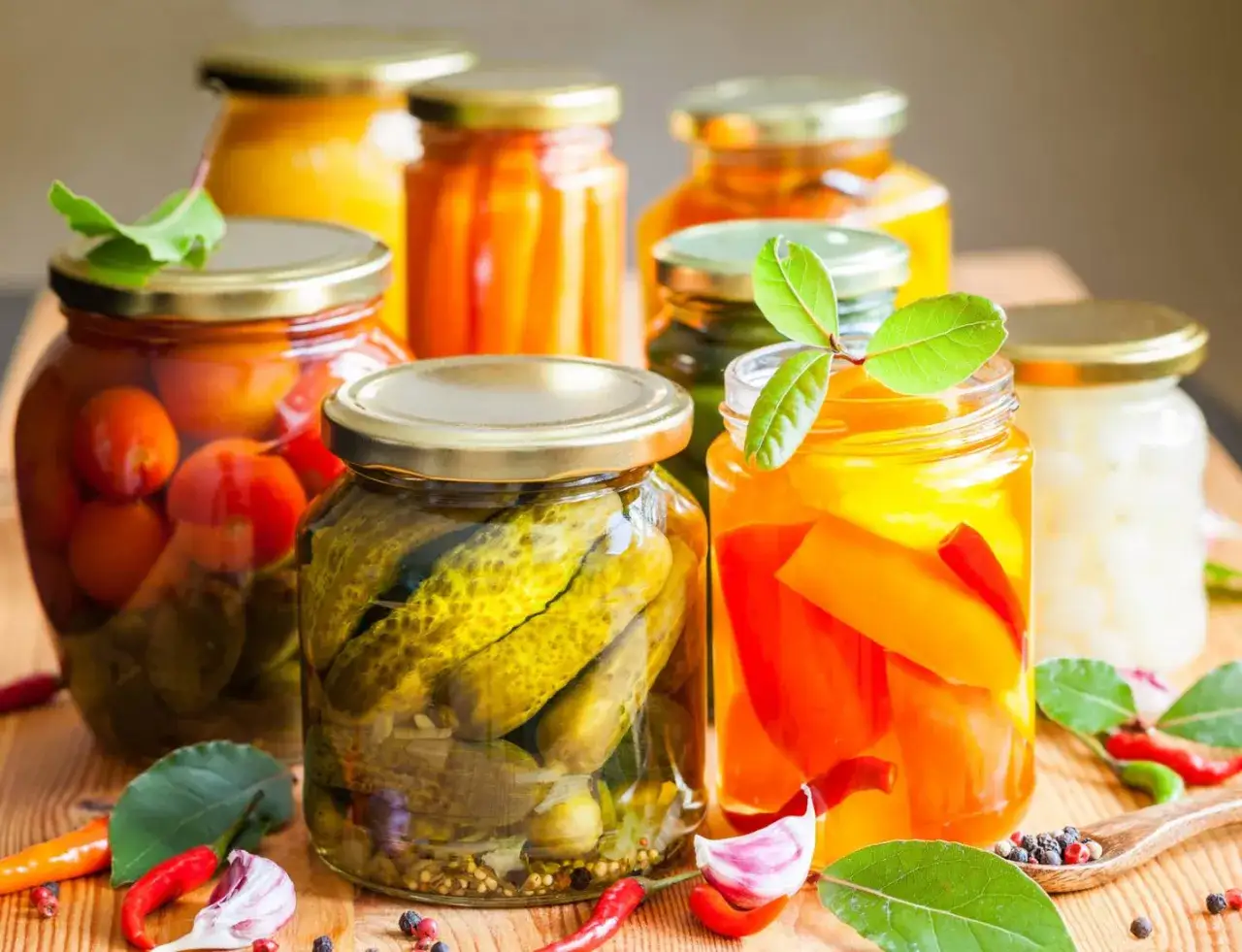 Słoiki z ogórkami, pomidorami i papryką w syropie, ozdobione liśćmi i papryczkami chili.
